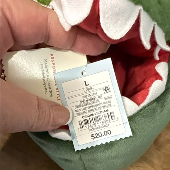 Kids Green Dinosaur Plush Slippers - Cozy Novelty Shoes size 4/5 - Picture 3 of 4